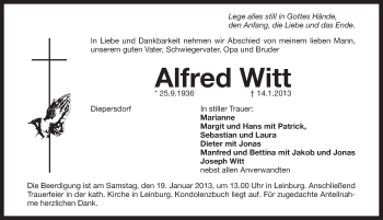 Traueranzeige von Alfred Witt von Pegnitz-Zeitung
